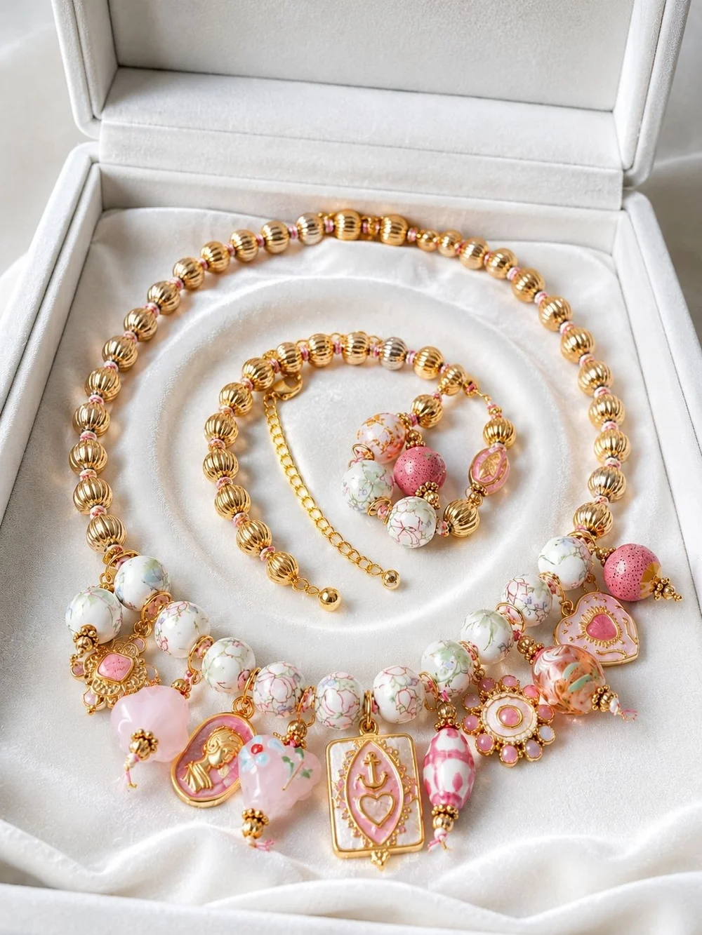 Pink and Gold Beaded Charm Necklace with Matching Bracelet - Picture 3 of 5